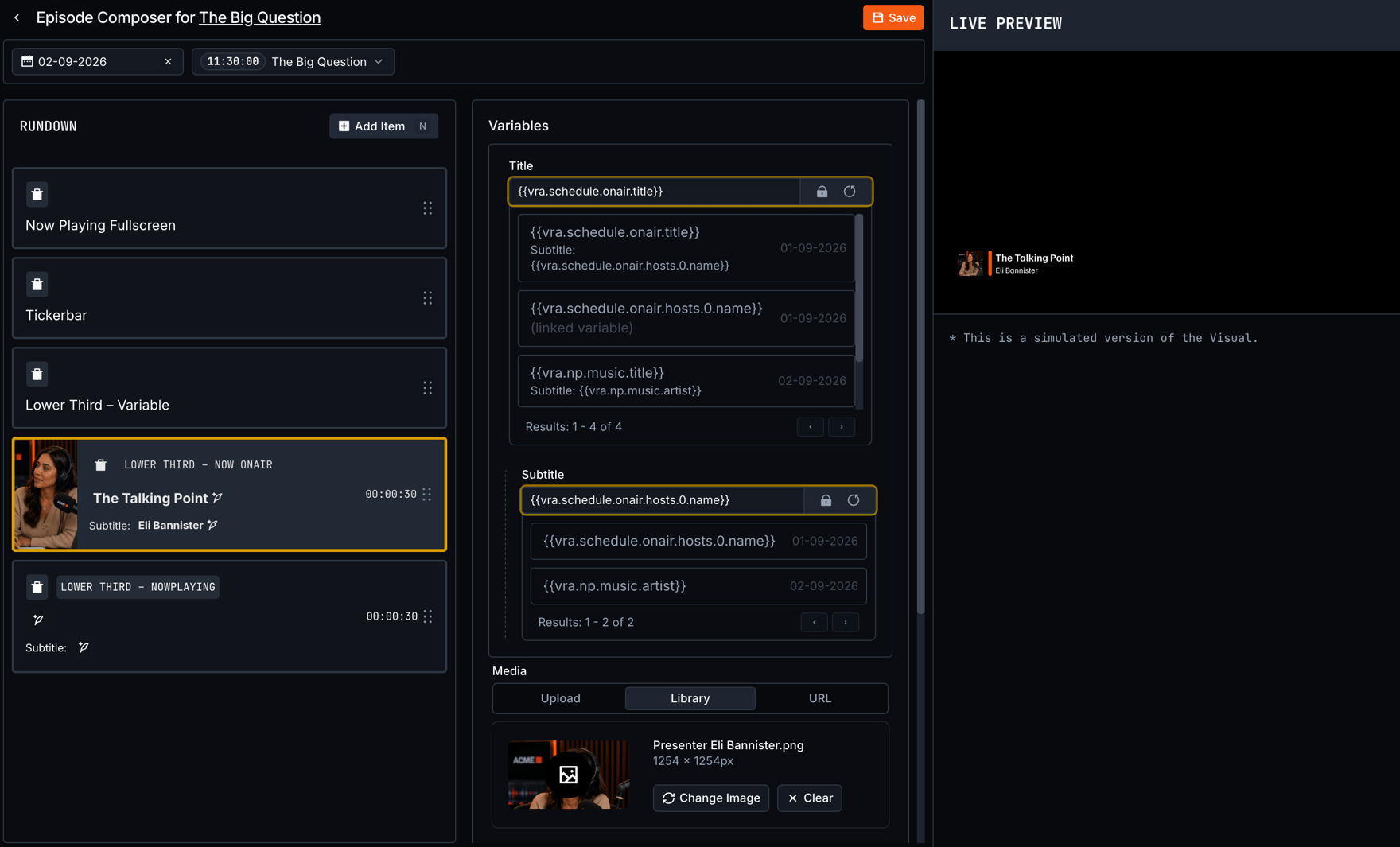 Episode Composer showing a future scheduled program, its rundown and simulated preview