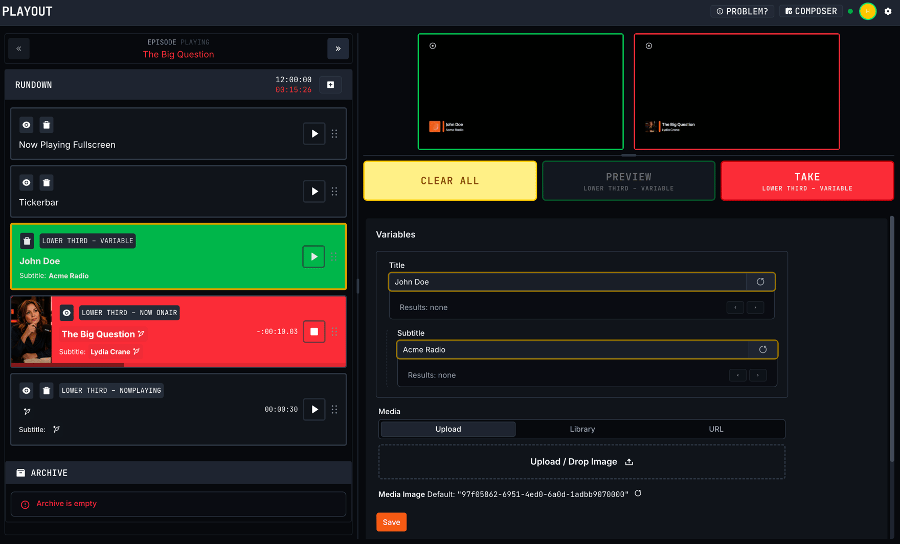 Playout with a rundown running and one item on air