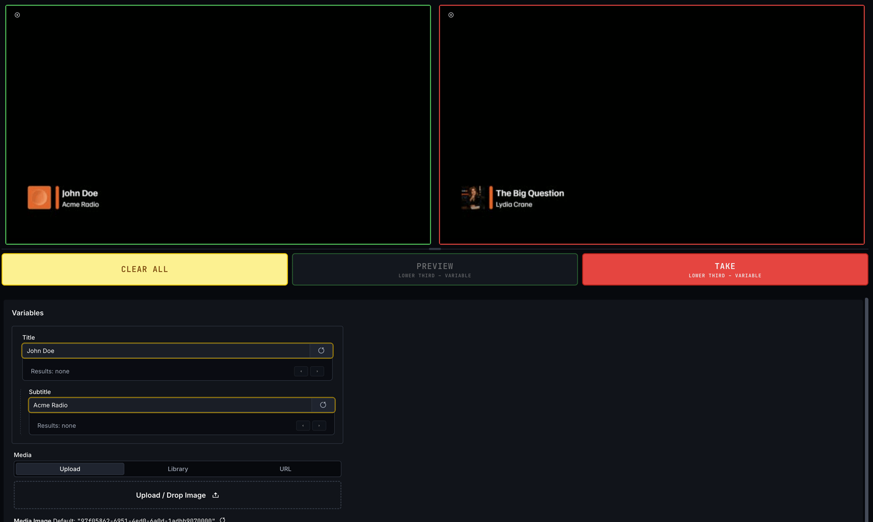 Episode Playout showing Preview and Program side by side with TAKE enabled