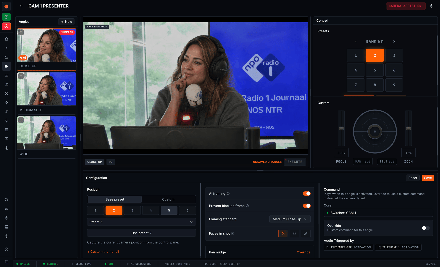 The camera angle editor for one angle