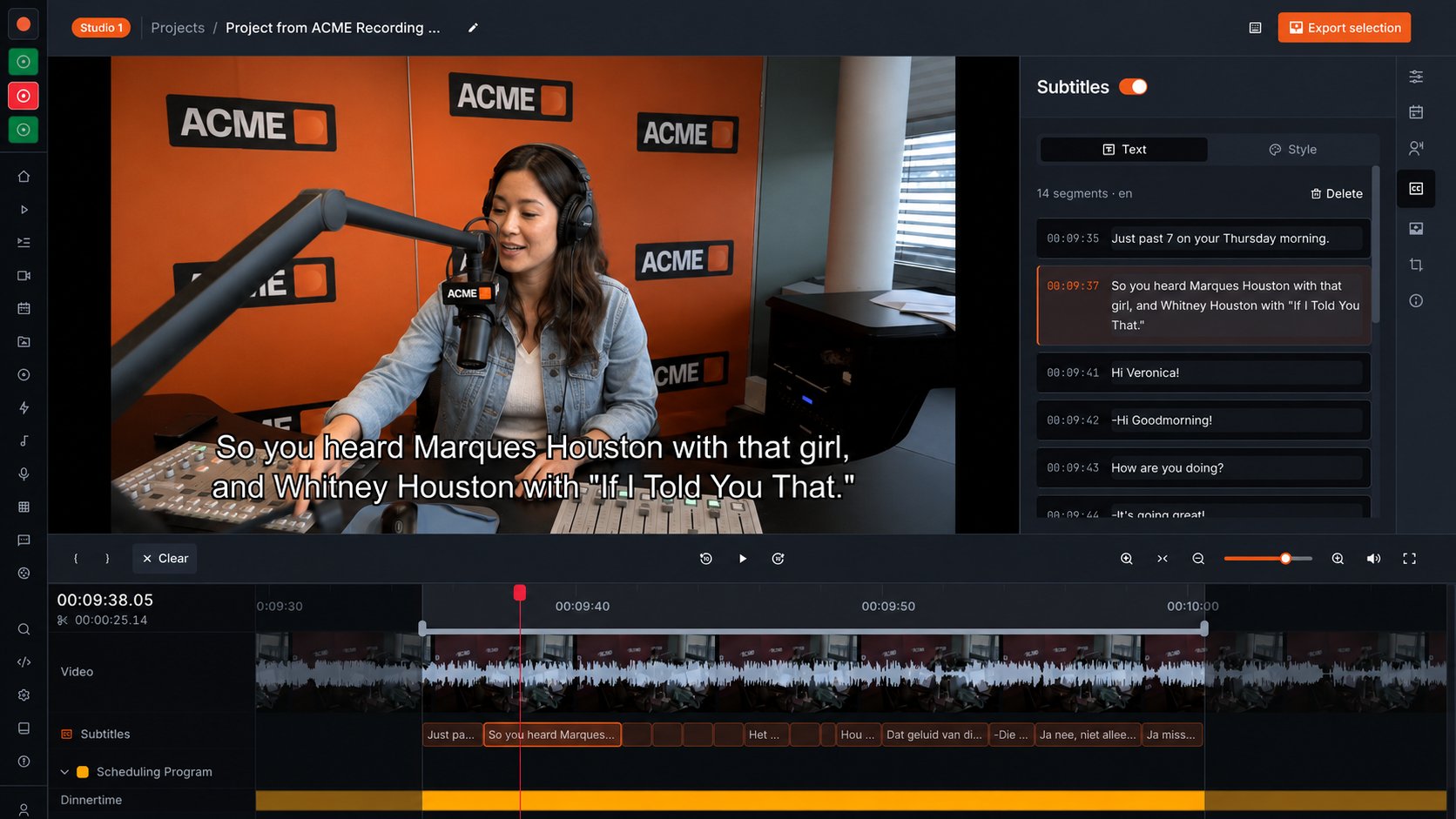 The Clips editor with a studio recording open