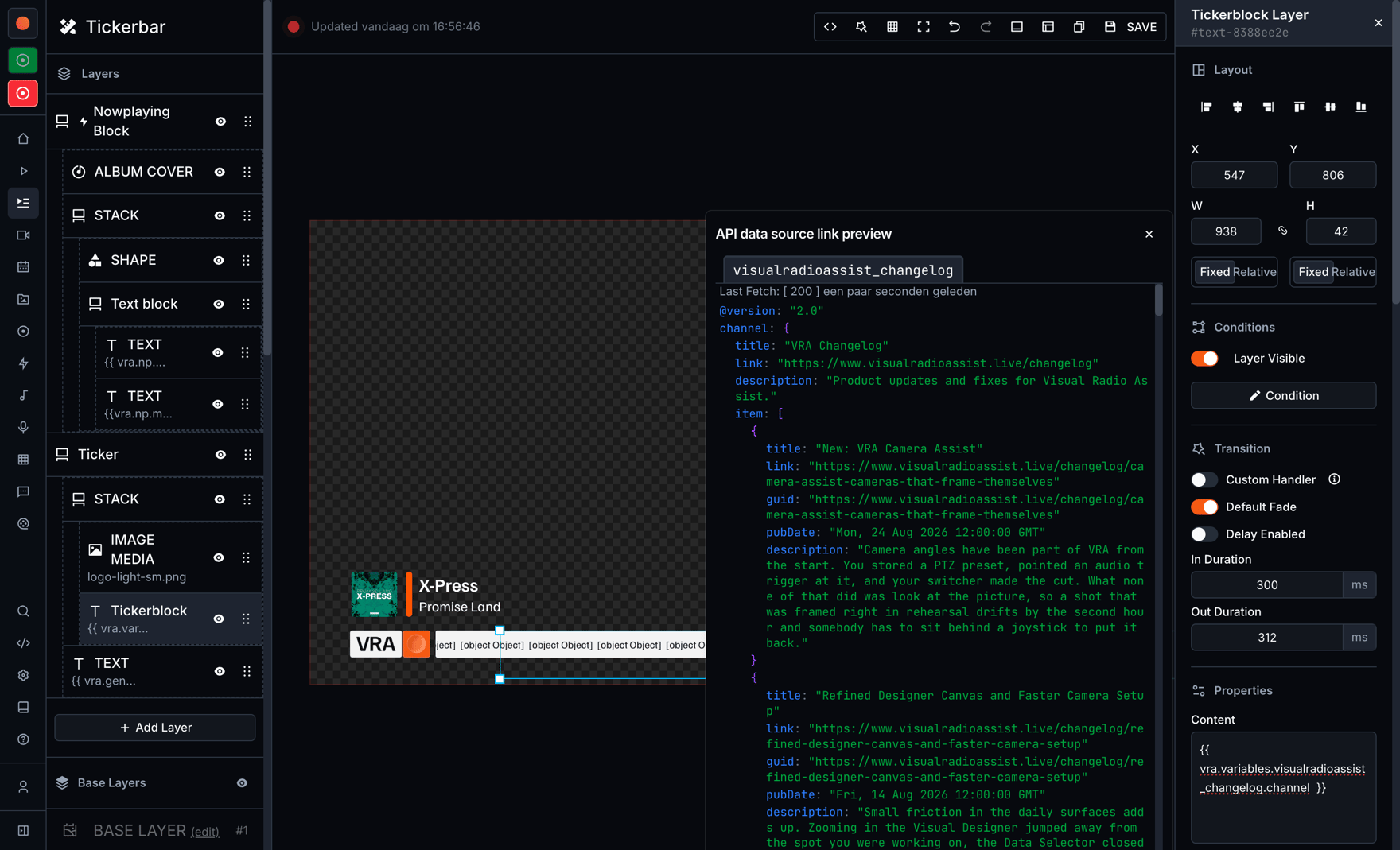 The data selector binding live now-playing data to a text layer
