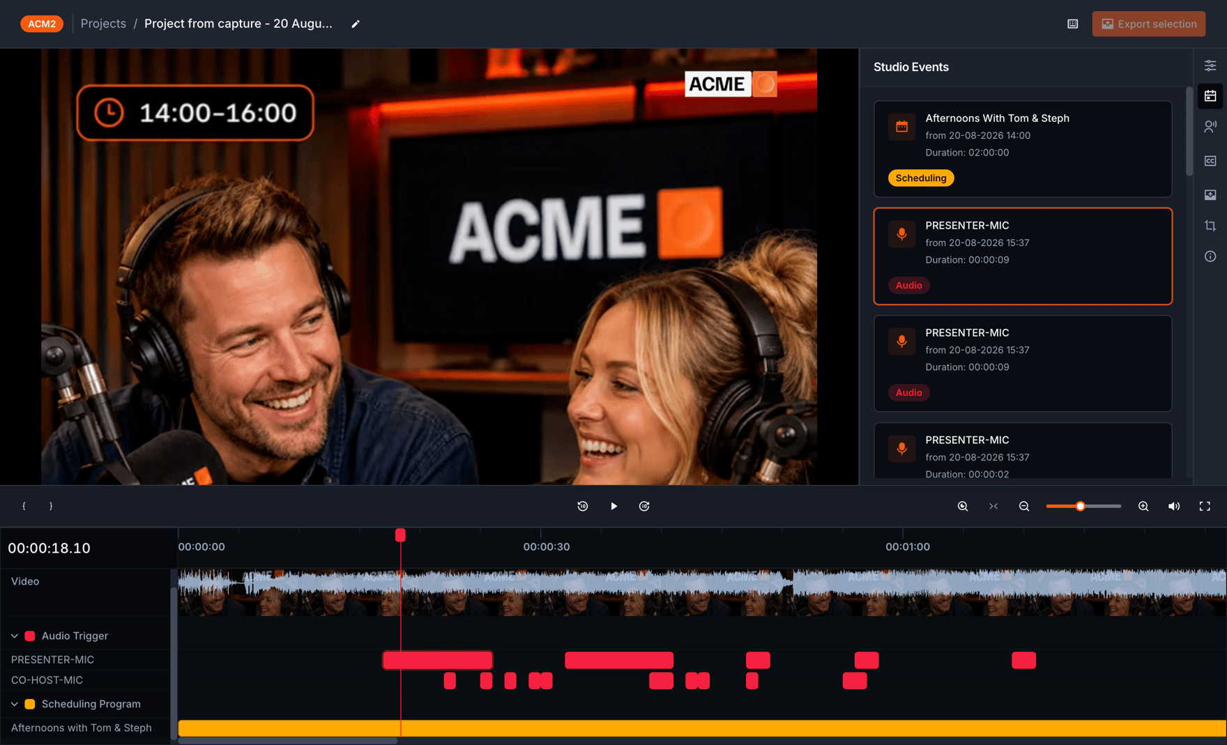 The Clips timeline with labelled event lanes and numbered moments