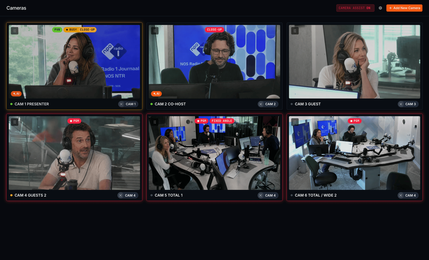 Camera Assist overview showing live cameras and their shot states
