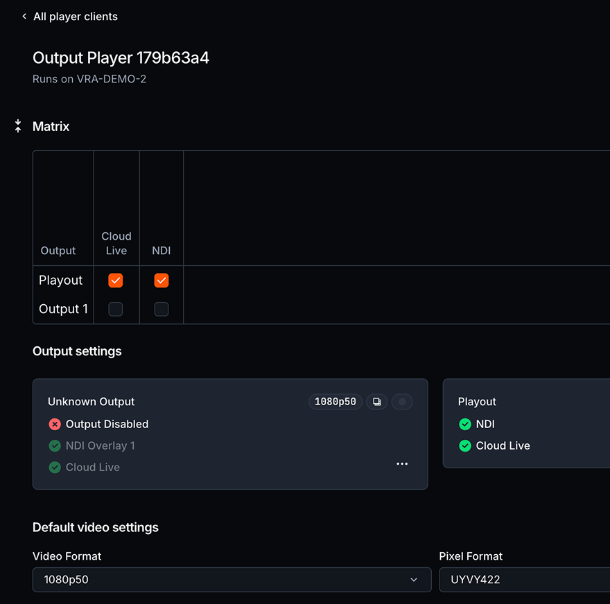 Output Player settings in VRA Cloud