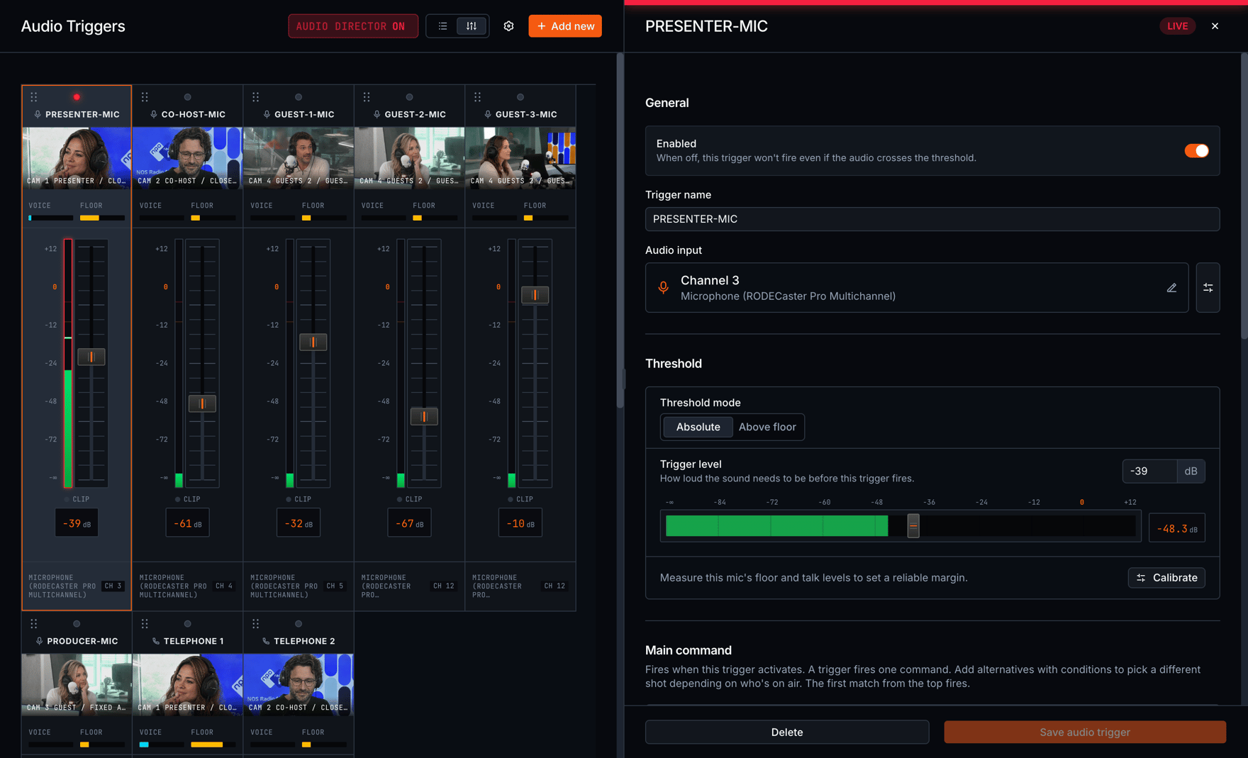 The Audio Manager input list with live meters