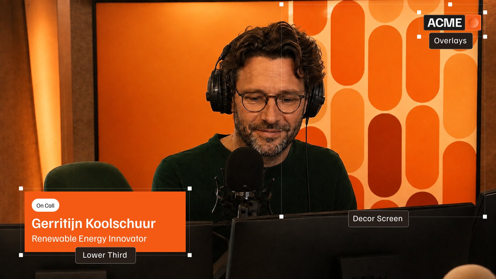 A rendered radio programme with a presenter, station logo and lower-third graphic