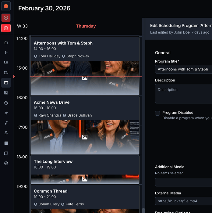 The scheduling calendar with a show open for editing