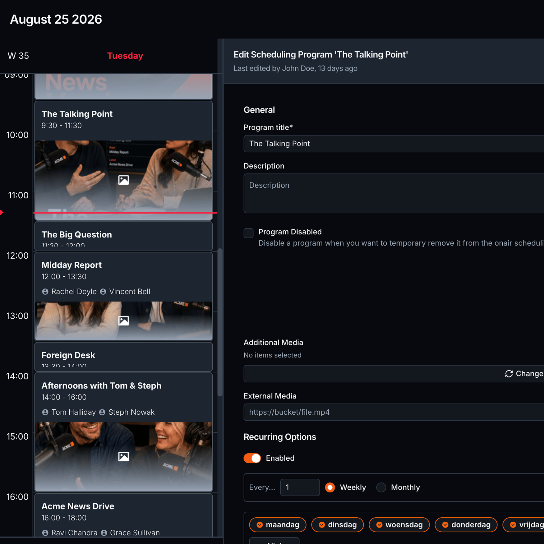 The scheduling calendar with presenters on each show