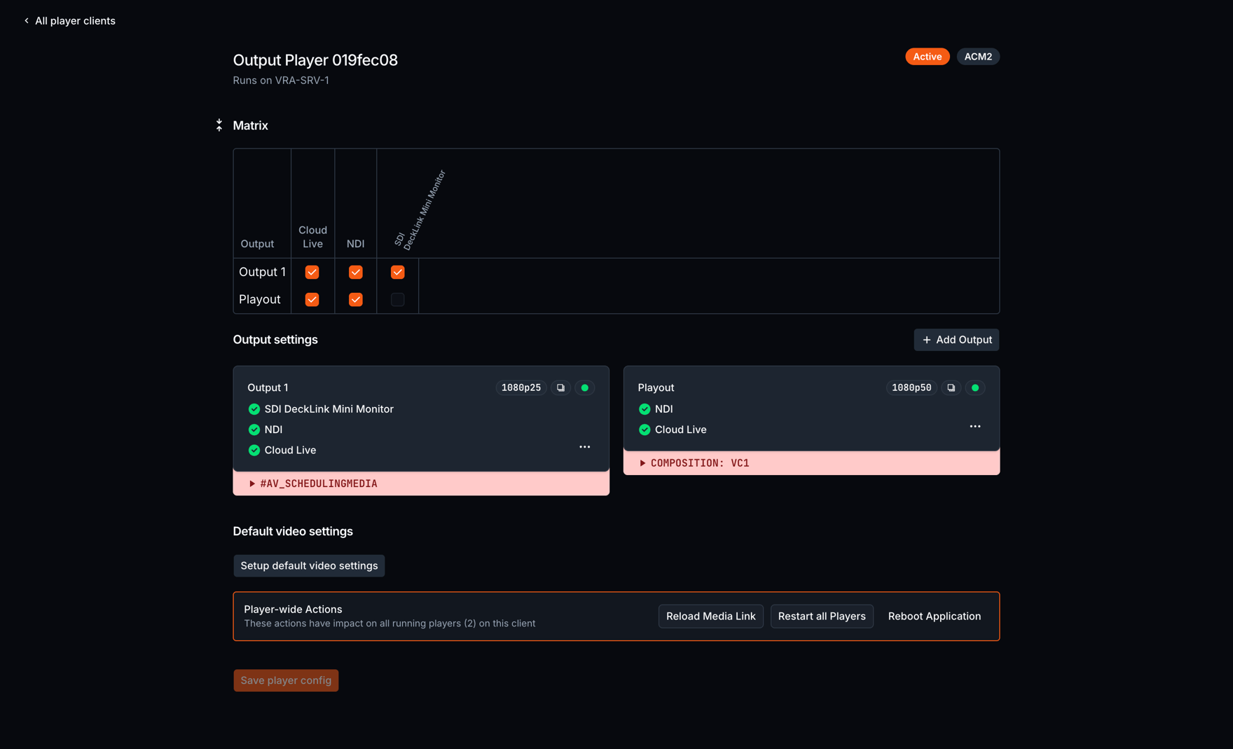 Output Player status showing mapped SDI and NDI outputs