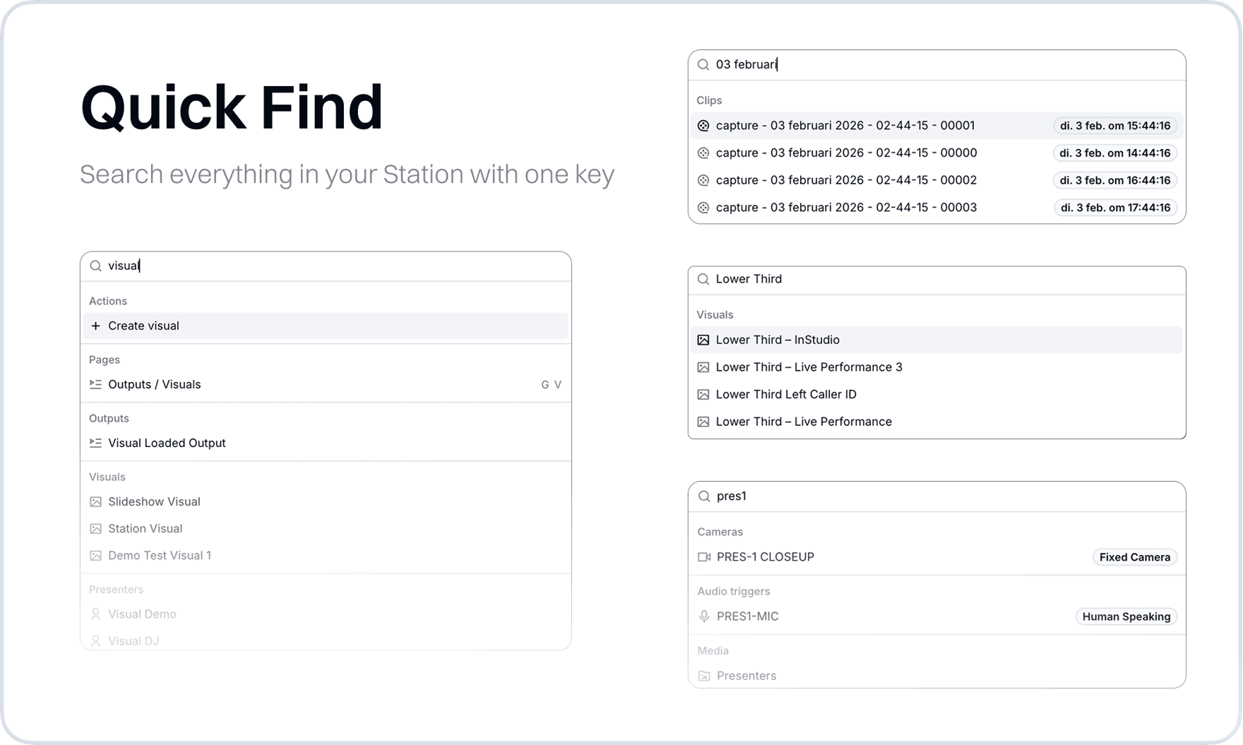 Search results for clips, Visuals, cameras and audio triggers in one list