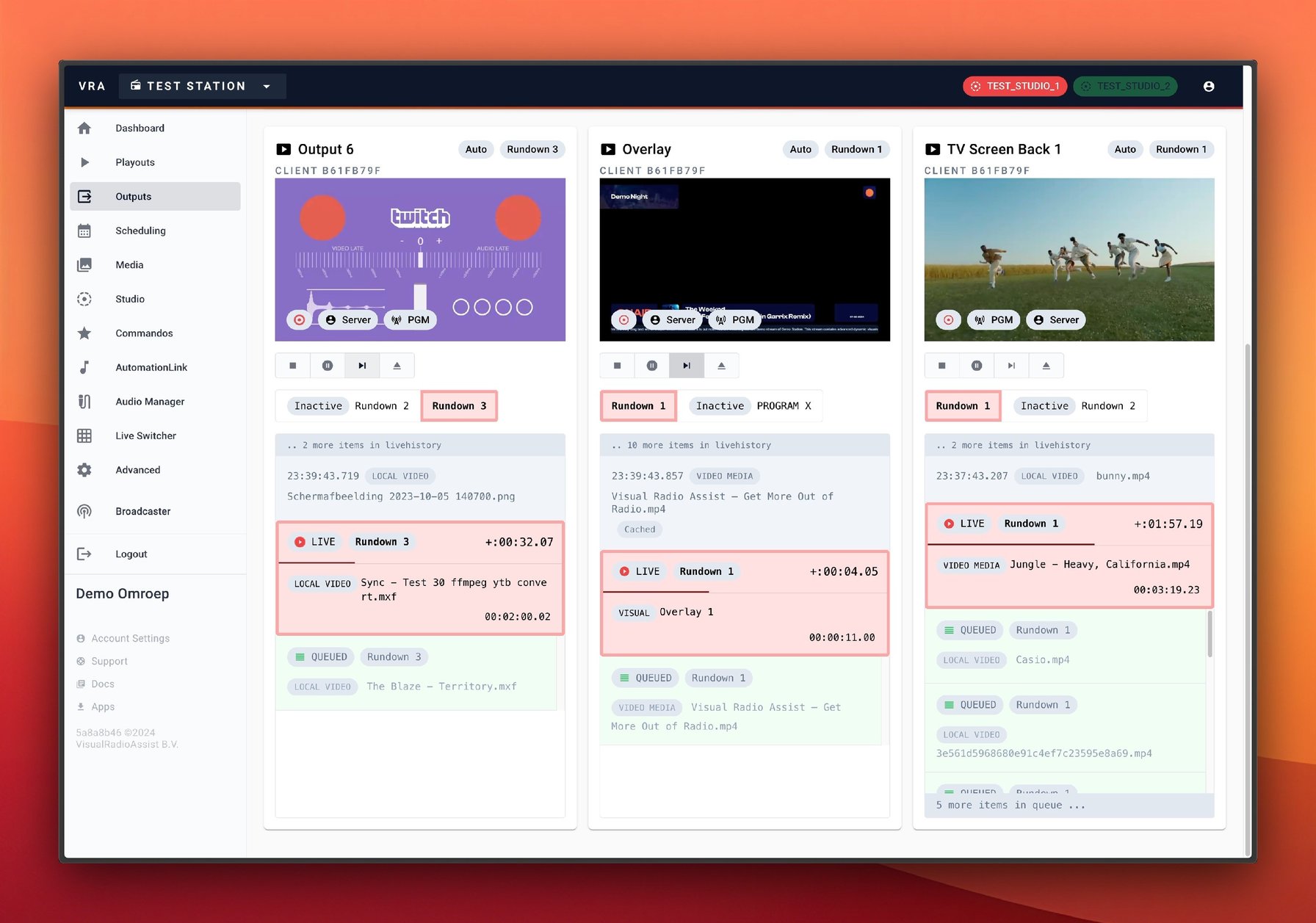 Output Controller Page, showing three simultaneously live feeds of the Output Players, low-latency.